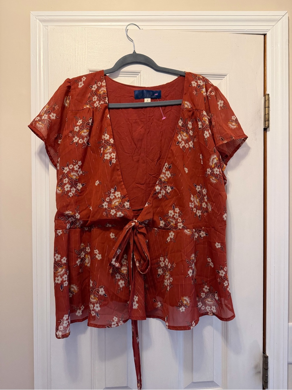 Blue Rain Rust Floral Tie-Front Blouse